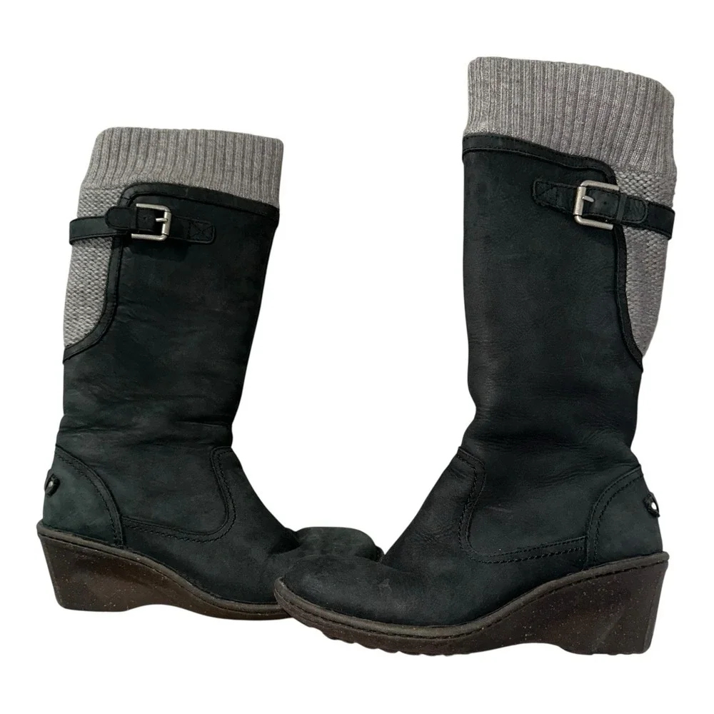 UGG Skyfall Suede Wedge Ankle Boots Black Sheepskin Lined Women's 8 1006145